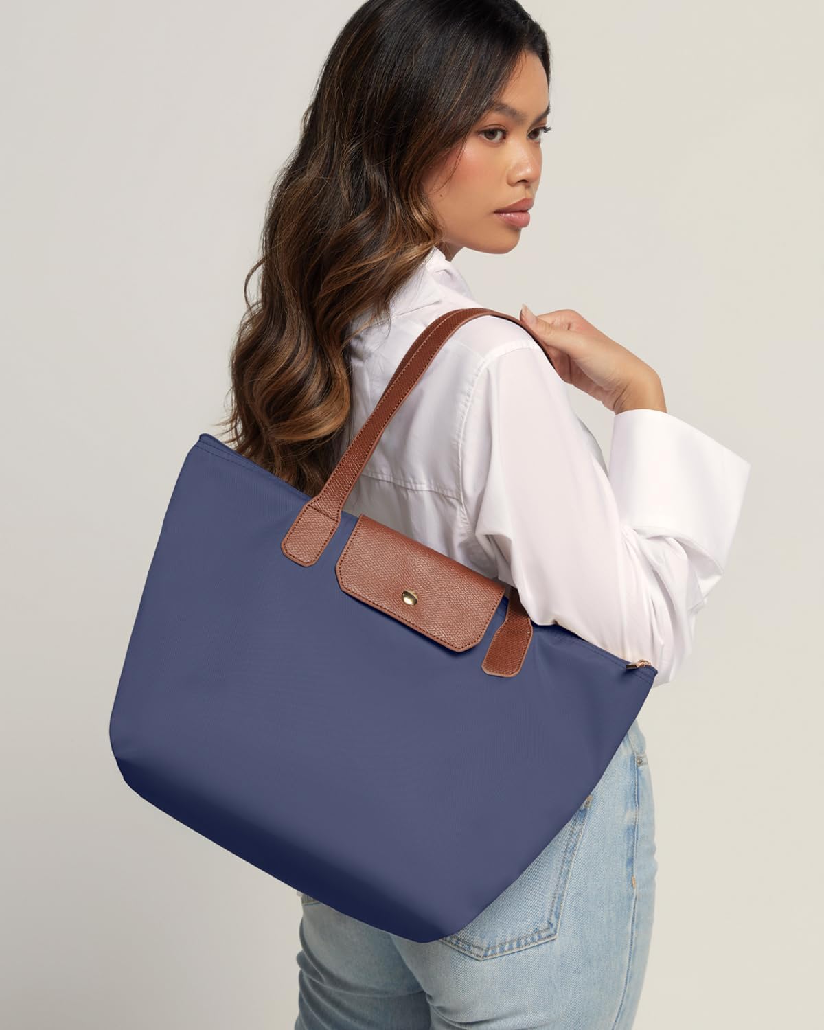 Tote Bag for Women - Nylon Tote Bags - Large Shoulder Tote Bag with Zipper & Foldable - Handbag for Everyday Work Weekend - Navy