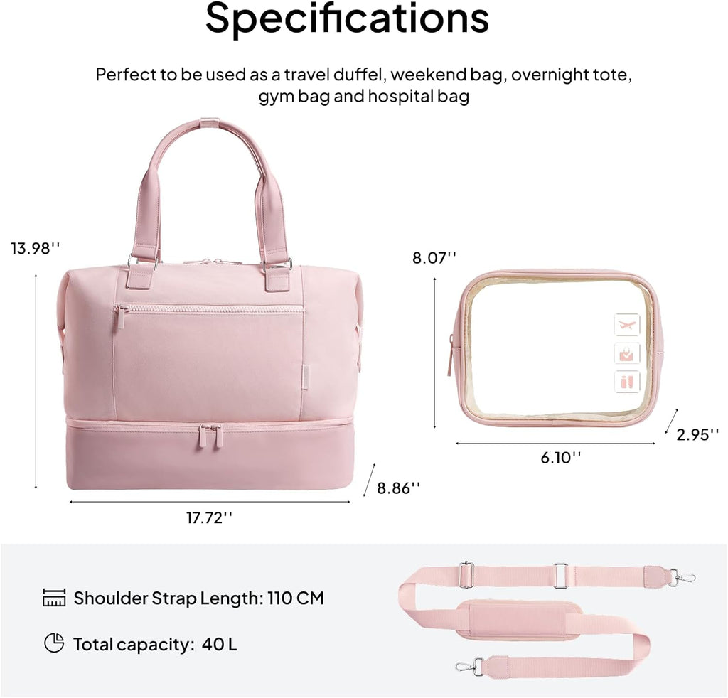 Travel Duffle Bag for Women, 40L Weekender Bags Airline Approved Carry On with Shoe Compartment & Waterproof Wet Pocket, Durable Nylon Weekender Overnight Bag for Travel, Gym, Business Trip, Pink