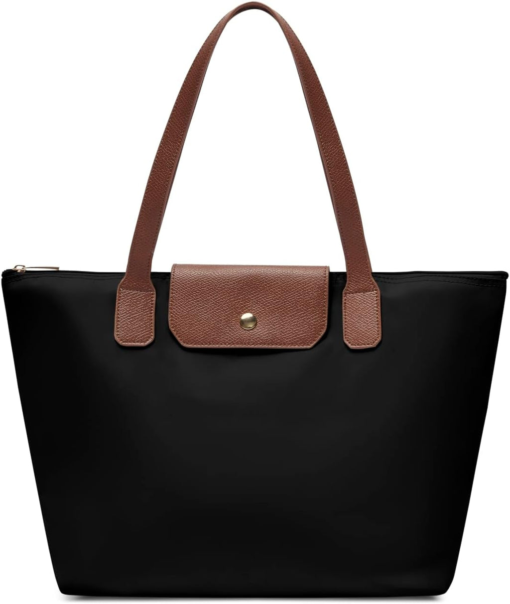 Tote Bag for Women - Nylon Tote Bags - Large Shoulder Tote Bag with Zipper & Foldable - Handbag for Everyday Work Weekend - Black