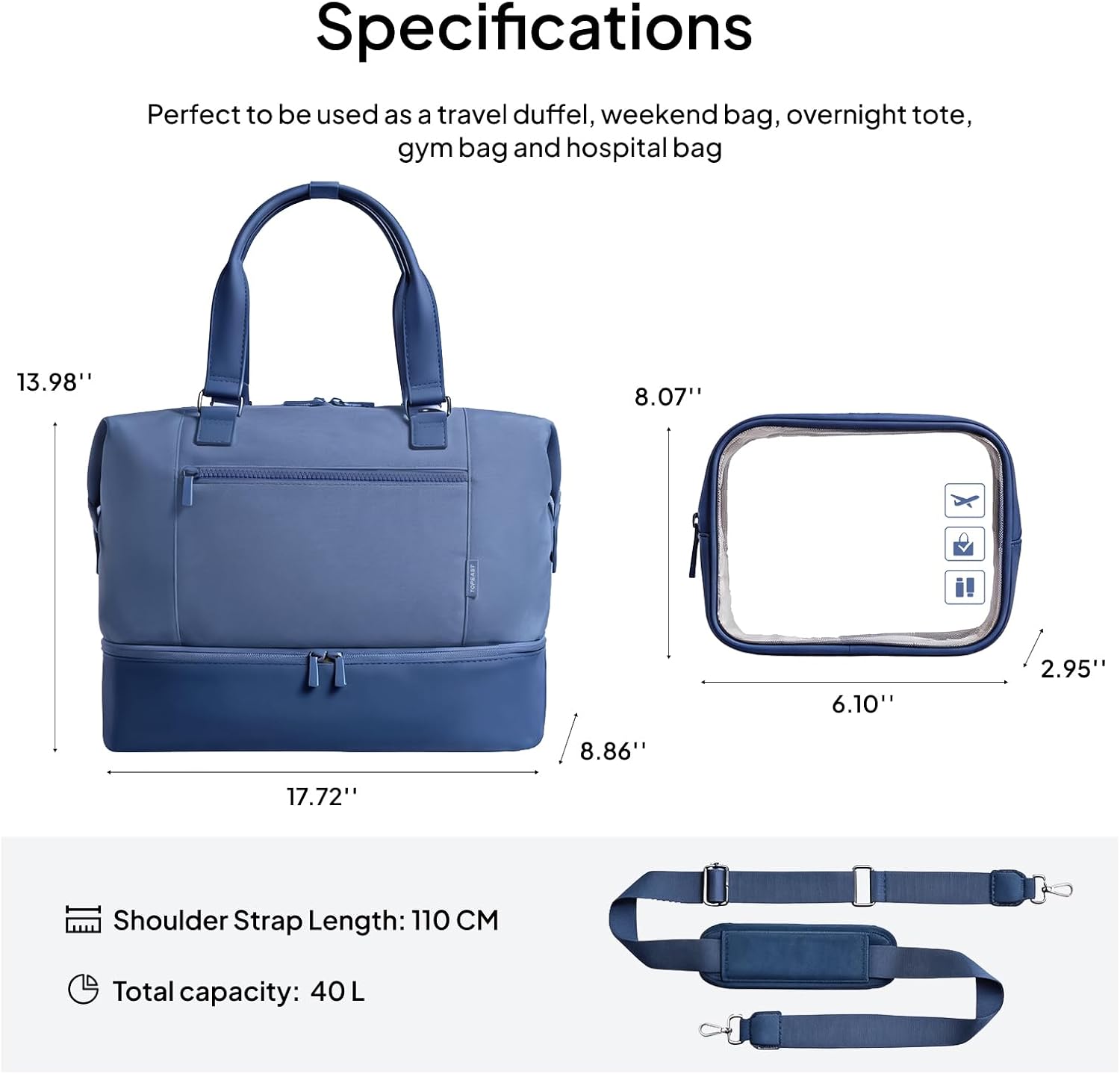 Travel Duffle Bag for Women, 40L Weekender Bags Airline Approved Carry On with Shoe Compartment & Waterproof Wet Pocket, Durable Nylon Weekender Overnight Bag for Travel, Gym, Business Trip, Blue