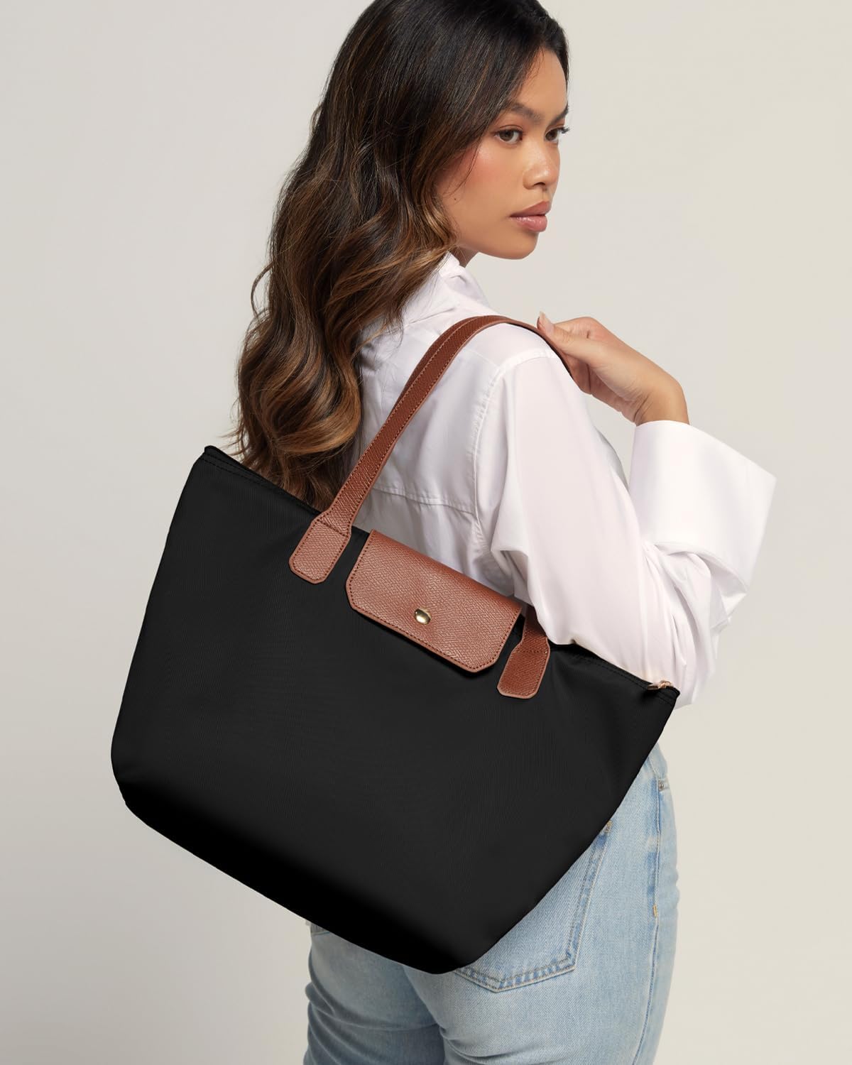 Tote Bag for Women - Nylon Tote Bags - Large Shoulder Tote Bag with Zipper & Foldable - Handbag for Everyday Work Weekend - Black