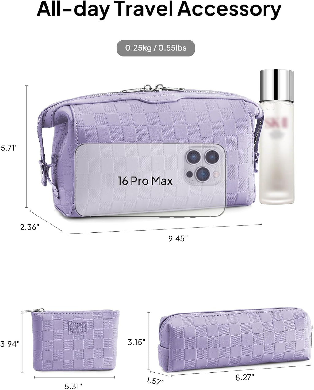 TOPEAST Travel Makeup Bag Cosmetic Bags for Women, 3 Pcs Set Make Up Toiletry Bag with Removable Zip Pouch, Waterproof Leather Makeup Brush Organizer for Travel Essentials, Purple