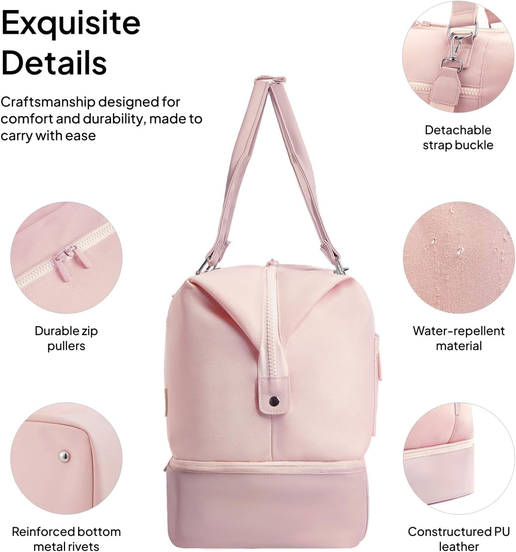 Travel Duffle Bag for Women, 40L Weekender Bags Airline Approved Carry On with Shoe Compartment & Waterproof Wet Pocket, Durable Nylon Weekender Overnight Bag for Travel, Gym, Business Trip, Pink