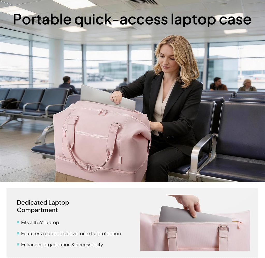 Travel Duffle Bag for Women, 40L Weekender Bags Airline Approved Carry On with Shoe Compartment & Waterproof Wet Pocket, Durable Nylon Weekender Overnight Bag for Travel, Gym, Business Trip, Pink