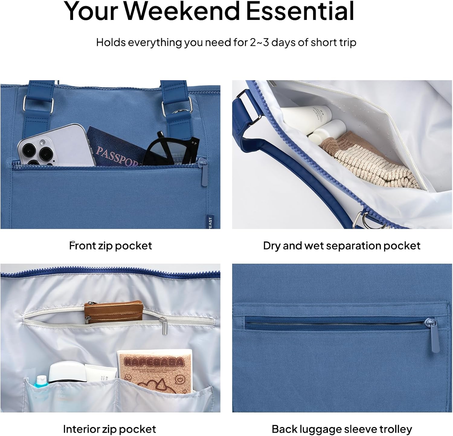 Travel Duffle Bag for Women, 40L Weekender Bags Airline Approved Carry On with Shoe Compartment & Waterproof Wet Pocket, Durable Nylon Weekender Overnight Bag for Travel, Gym, Business Trip, Blue