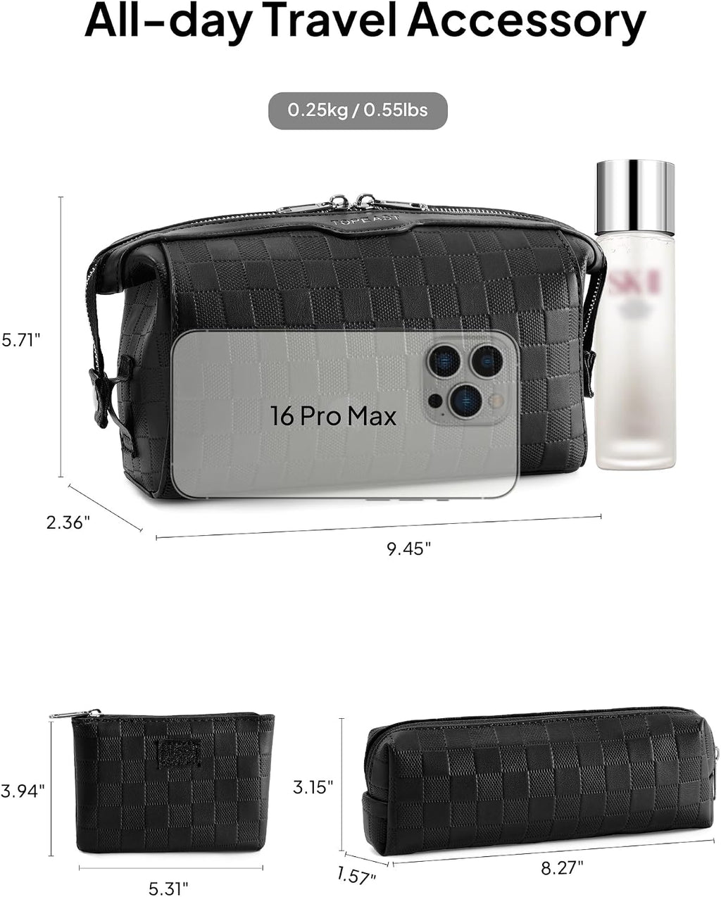 TOPEAST Travel Makeup Bag Cosmetic Bags for Women, 3 Pcs Set Make Up Toiletry Bag with Removable Zip Pouch, Waterproof Leather Makeup Brush Organizer for Travel Essentials, Black