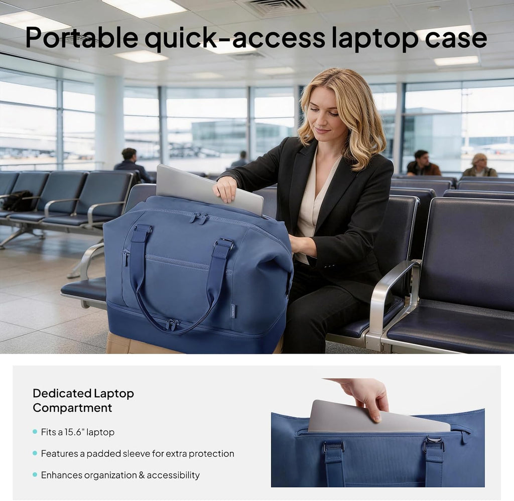 Travel Duffle Bag for Women, 40L Weekender Bags Airline Approved Carry On with Shoe Compartment & Waterproof Wet Pocket, Durable Nylon Weekender Overnight Bag for Travel, Gym, Business Trip, Blue