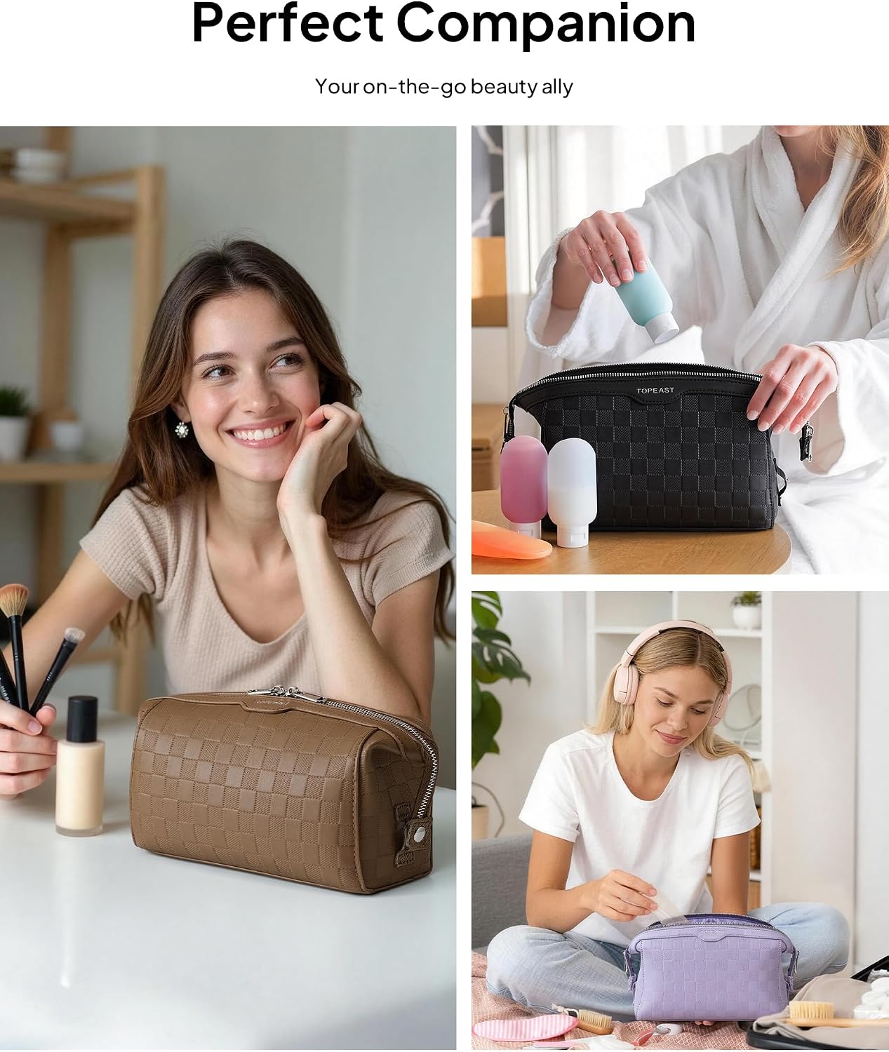 TOPEAST Travel Makeup Bag Cosmetic Bags for Women, 3 Pcs Set Make Up Toiletry Bag with Removable Zip Pouch, Waterproof Leather Makeup Brush Organizer for Travel Essentials, Black