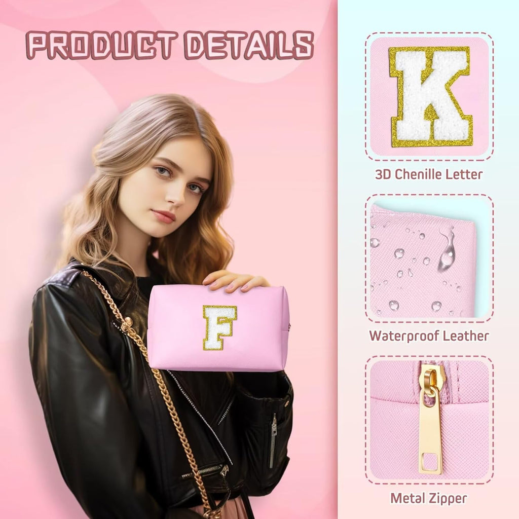 TOPEAST Initial Makeup Bag, Birthday Gifts for 4 5 6 7 8 9 10 11 12 Year Old Teen Girls, Teacher Gift Graduation Gift, Personalized Preppy Cosmetic Bags Toiletry Bag (Pink A)