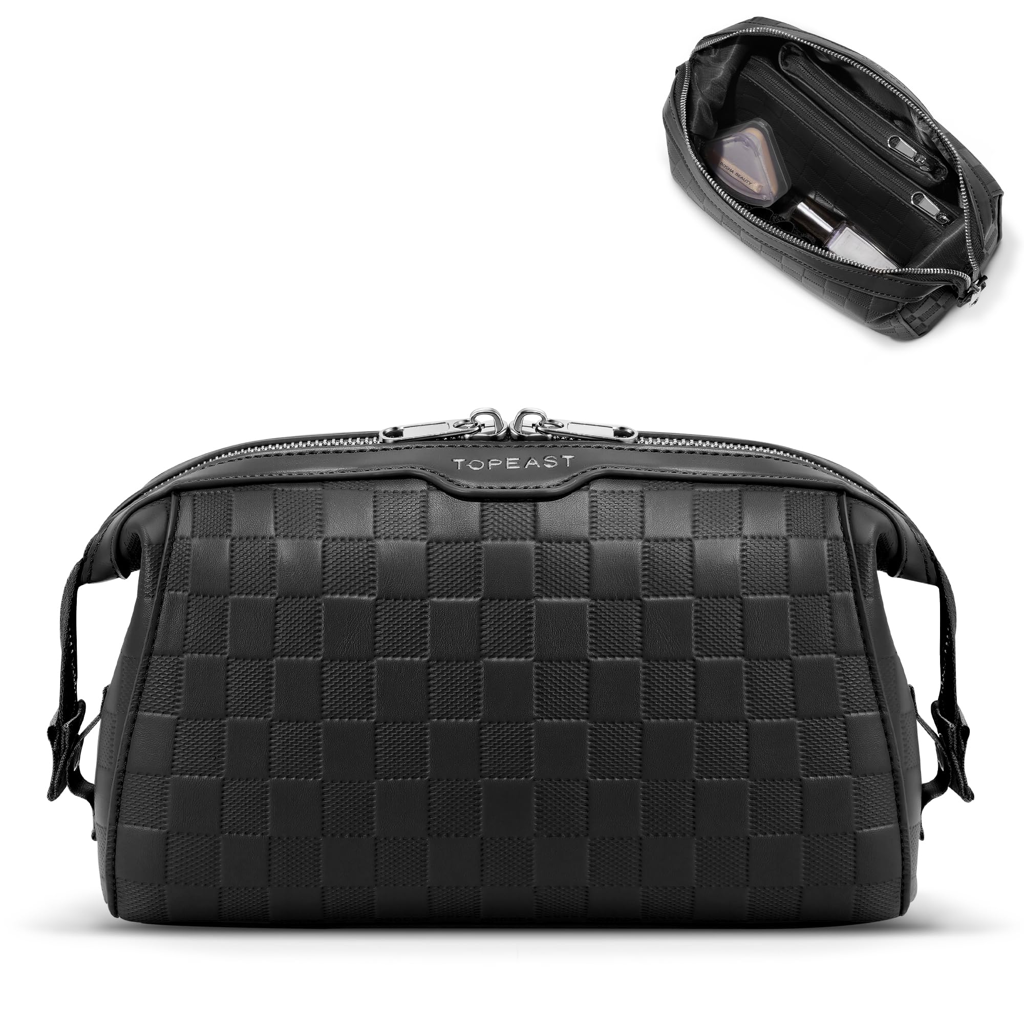 TOPEAST Travel Makeup Bag Cosmetic Bags for Women, 3 Pcs Set Make Up Toiletry Bag with Removable Zip Pouch, Waterproof Leather Makeup Brush Organizer for Travel Essentials, Black