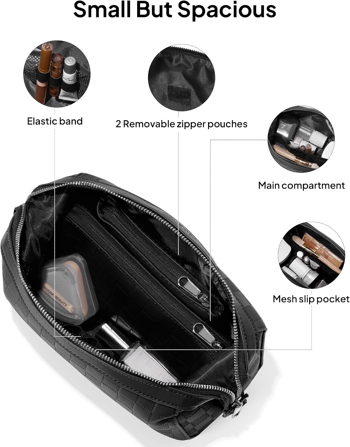 TOPEAST Travel Makeup Bag Cosmetic Bags for Women, 3 Pcs Set Make Up Toiletry Bag with Removable Zip Pouch, Waterproof Leather Makeup Brush Organizer for Travel Essentials, Black