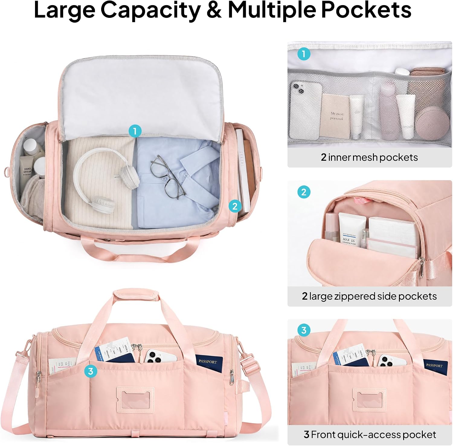 TOPEAST Foldable Duffle Bag for Travel, Large Travel Duffel Bags for Women | 4 in 1 Travel Backpack, Carry on Weekender Bags for Women Travel, 40L Capacity, Multi-Pocket, Water-resistant, Pink