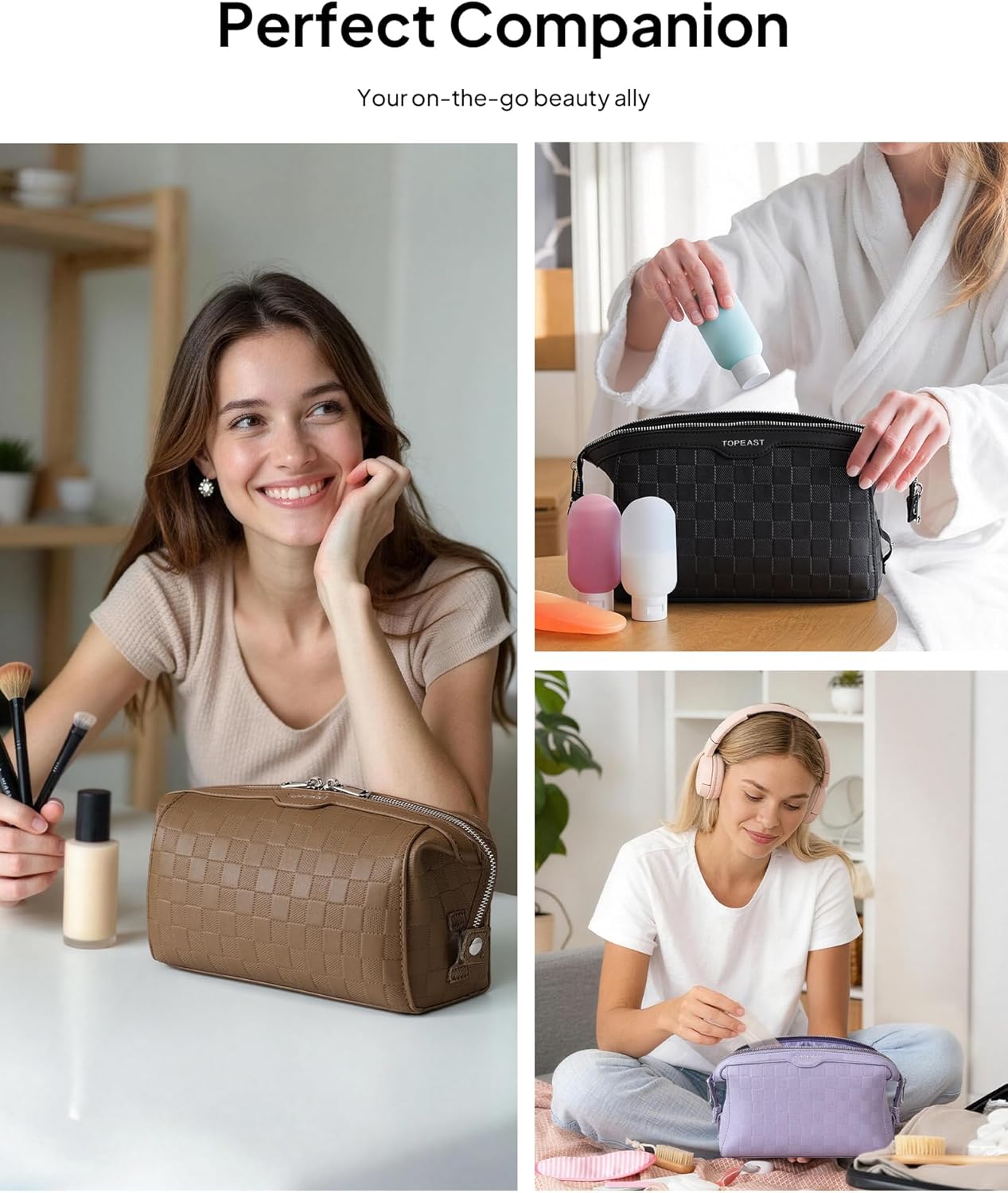 TOPEAST Travel Makeup Bag Cosmetic Bags for Women, 3 Pcs Set Make Up Toiletry Bag with Removable Zip Pouch, Waterproof Leather Makeup Brush Organizer for Travel Essentials, Purple