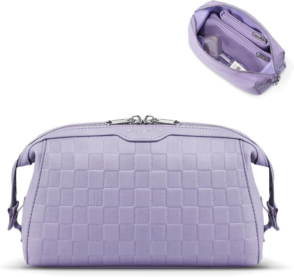 TOPEAST Travel Makeup Bag Cosmetic Bags for Women, 3 Pcs Set Make Up Toiletry Bag with Removable Zip Pouch, Waterproof Leather Makeup Brush Organizer for Travel Essentials, Purple